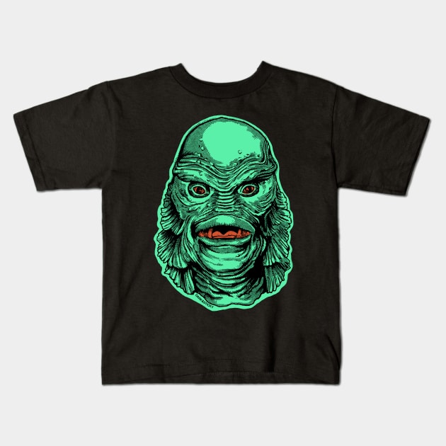 Green Gillman Creature! Kids T-Shirt by Dark & Sticky